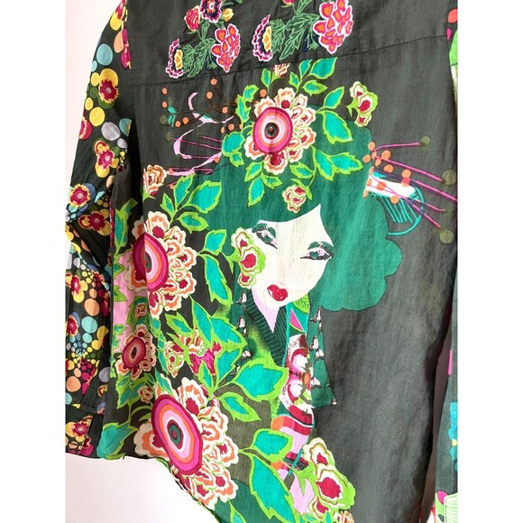 Desigual Women's Large Floral Artsy Button Down Blouse Multi Colored Embroidered - Picture 3 of 12